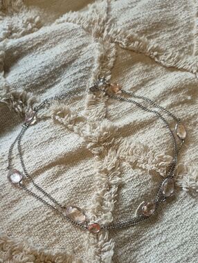 Delicate Pink Crystal Long Siver Tone Chain Women's Necklace
